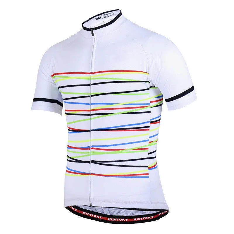 Men's summer cycling jersey set in white with moisture wicking fabric, short sleeves, and black shorts