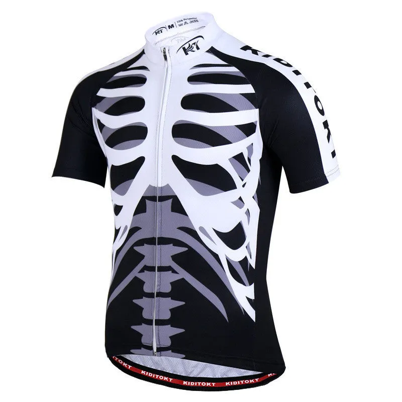 Men's summer cycling jersey set in white with moisture wicking fabric, short sleeves, and black shorts