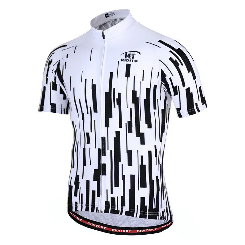Men's summer cycling jersey set in white with moisture wicking fabric, short sleeves, and black shorts