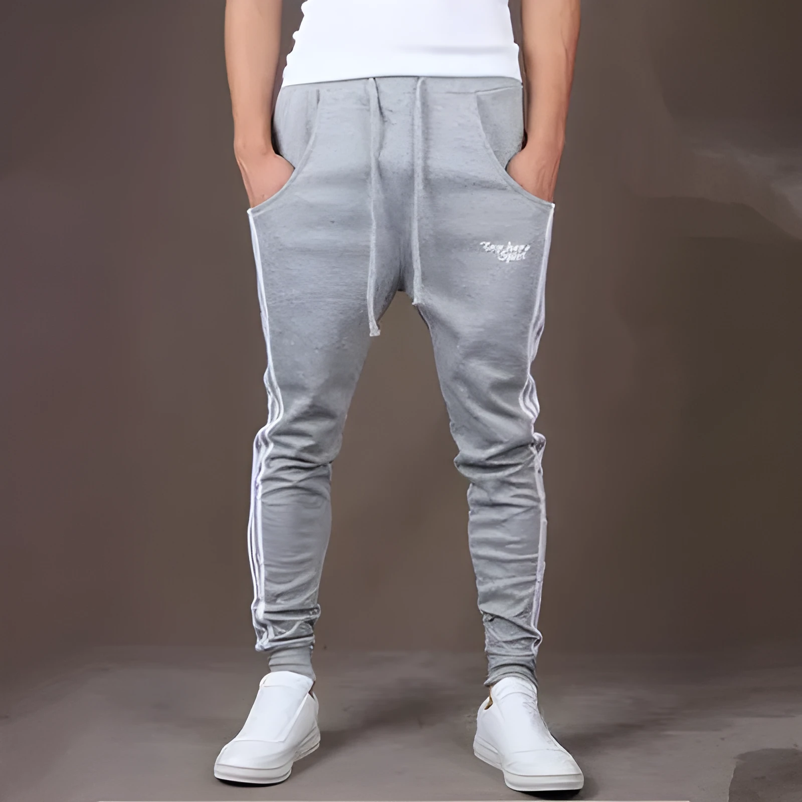 Men's straight leg cotton casual trousers with three-bar side stripe in grey, black, and navy