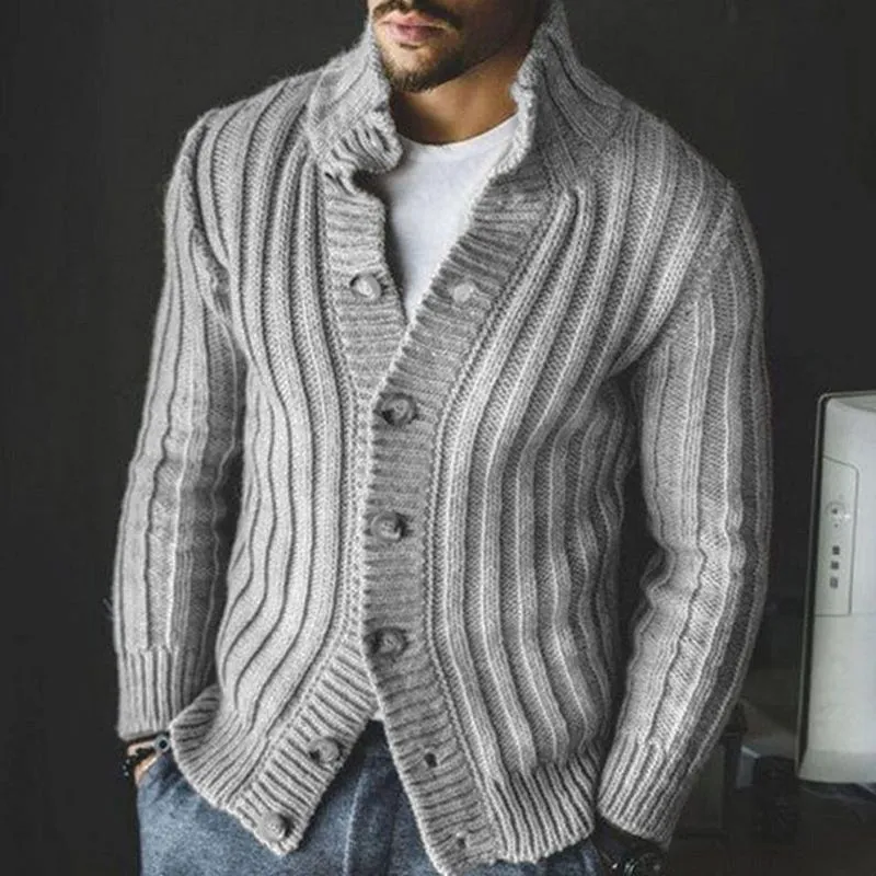 Men's casual single-breasted knitted sweater with lapel collar, long sleeves, in khaki colour