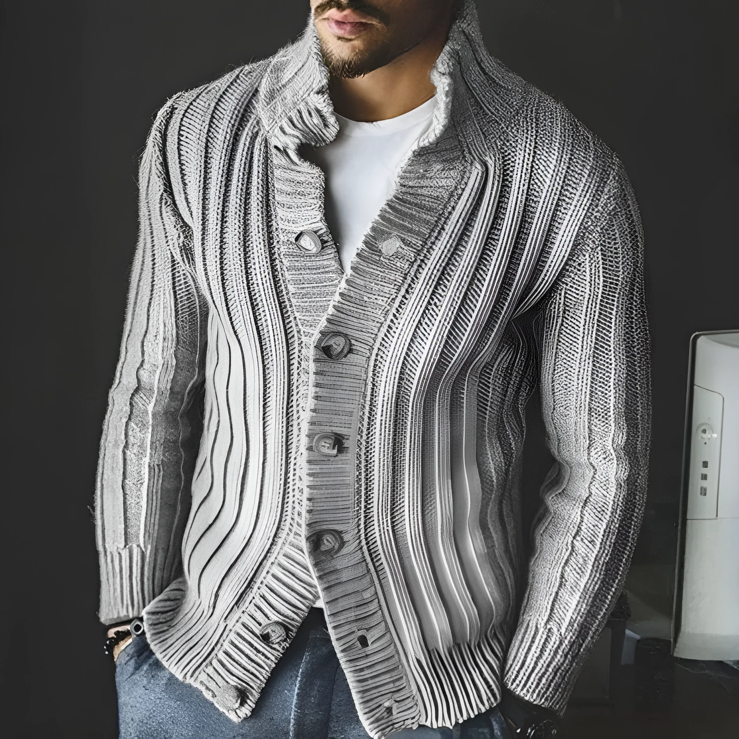 Men's casual single-breasted knitted sweater with lapel collar, long sleeves, in khaki colour