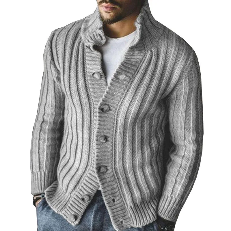 Men's casual single-breasted knitted sweater with lapel collar, long sleeves, in khaki colour