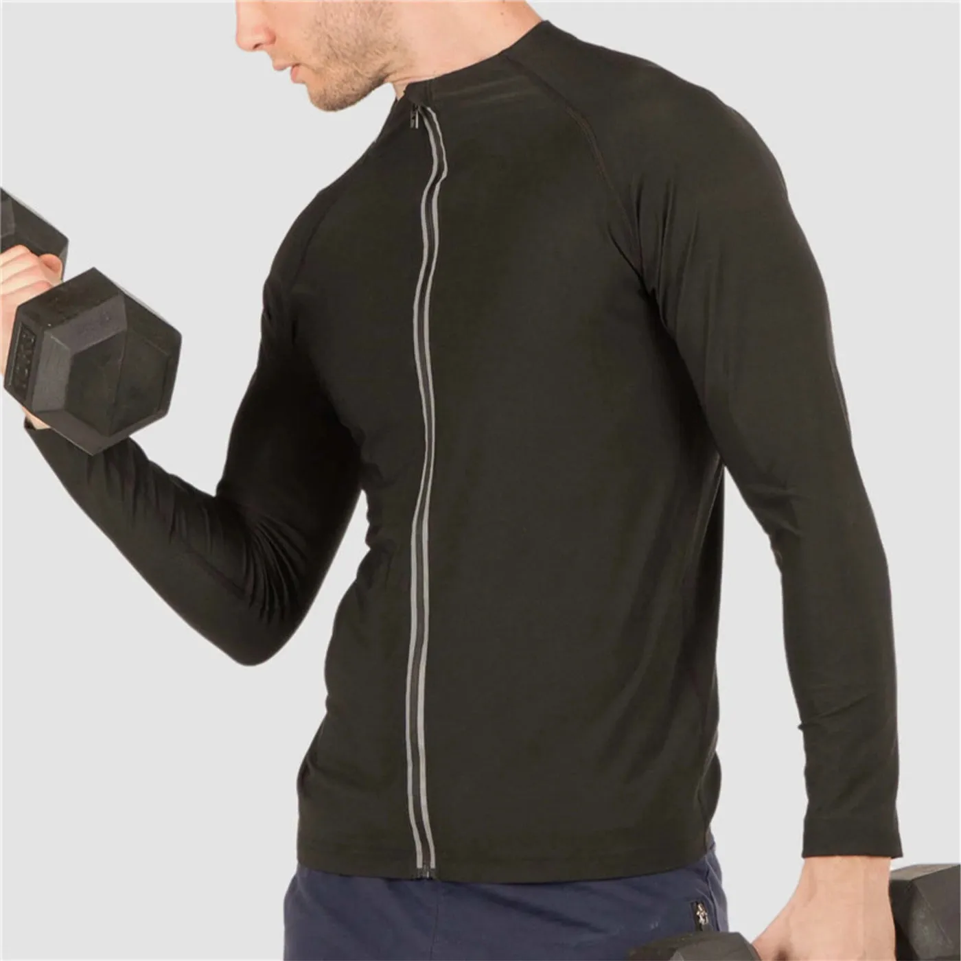 Men's zip vest in black polyester, long sleeve with short sleeve body, shown on a white background