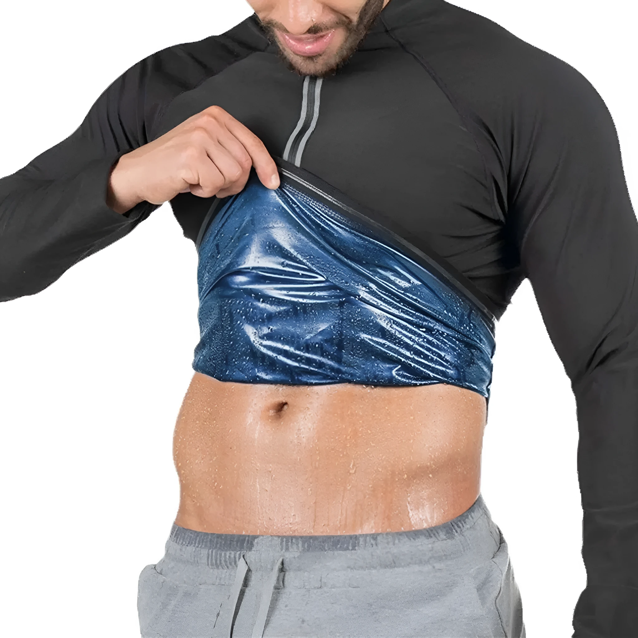 Men's zip vest in black polyester, long sleeve with short sleeve body, shown on a white background