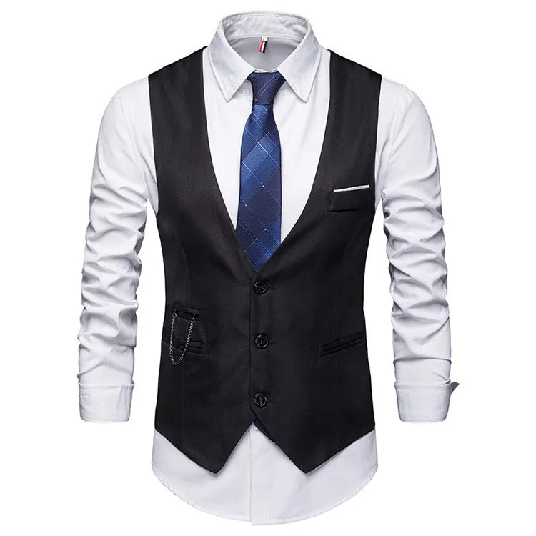 Men's loose-fit V-neck polyester tank top in black, front view