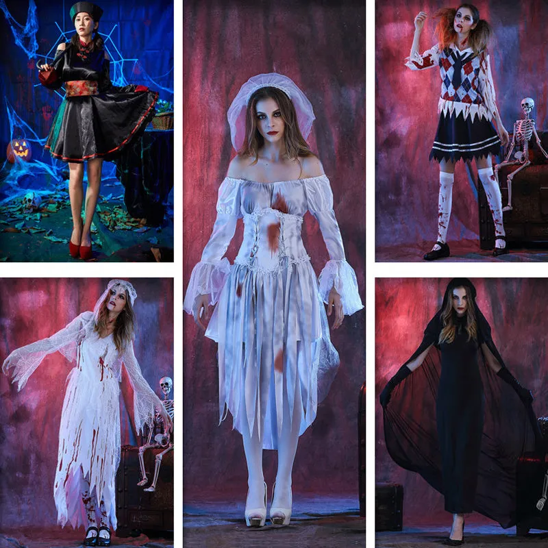 Halloween costume set for adult bride and groom couples including ghost bride and vampire bride options