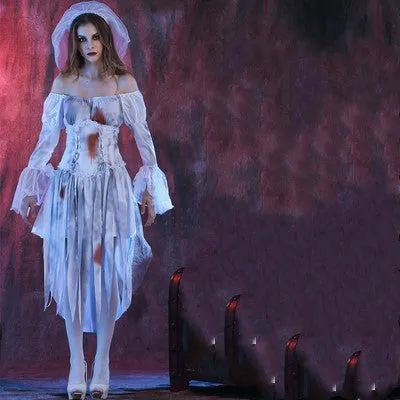 Halloween costume set for adult bride and groom couples including ghost bride and vampire bride options