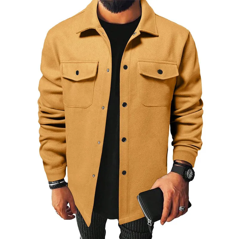 Men's brushed cotton blend cardigan shirt in solid colour, long sleeves, regular fit, available in black, khaki, army green, apricot, navy blue, light gray
