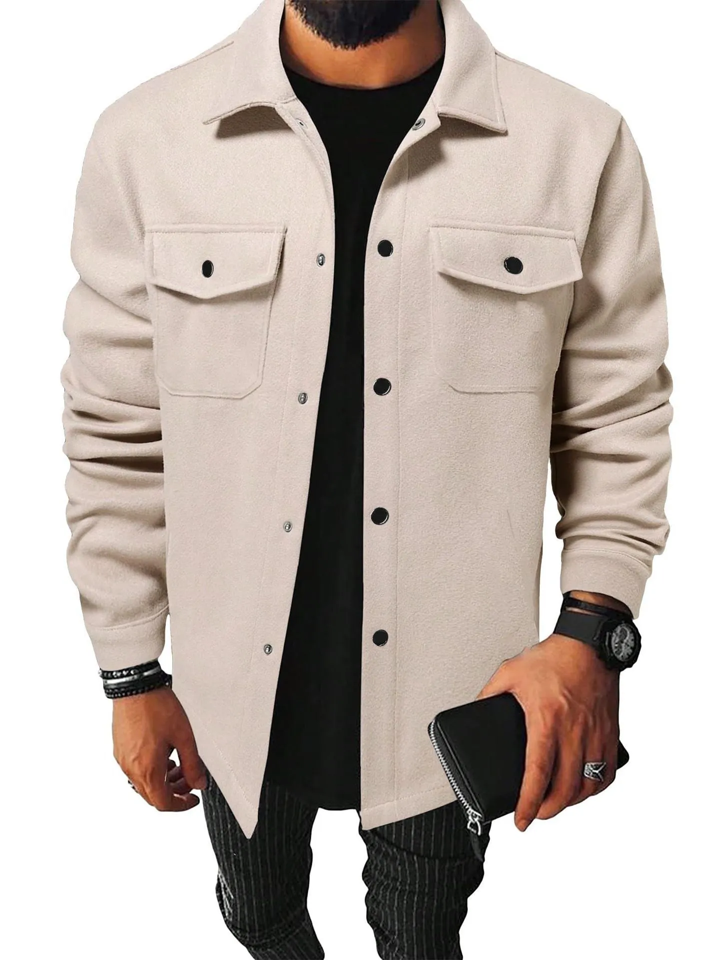 Men's brushed cotton blend cardigan shirt in solid colour, long sleeves, regular fit, available in black, khaki, army green, apricot, navy blue, light gray