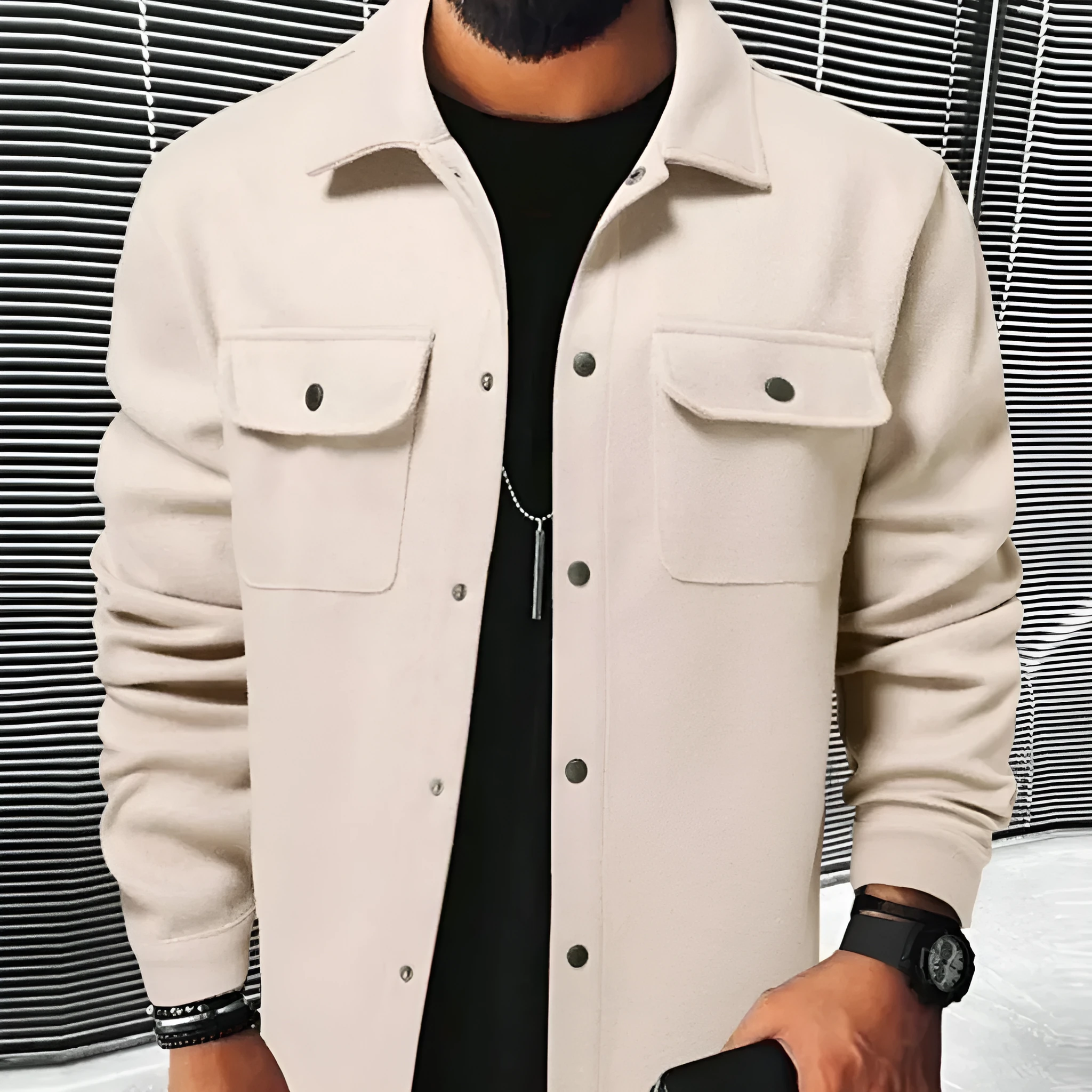 Men's brushed cotton blend cardigan shirt in solid colour, long sleeves, regular fit, available in black, khaki, army green, apricot, navy blue, light gray