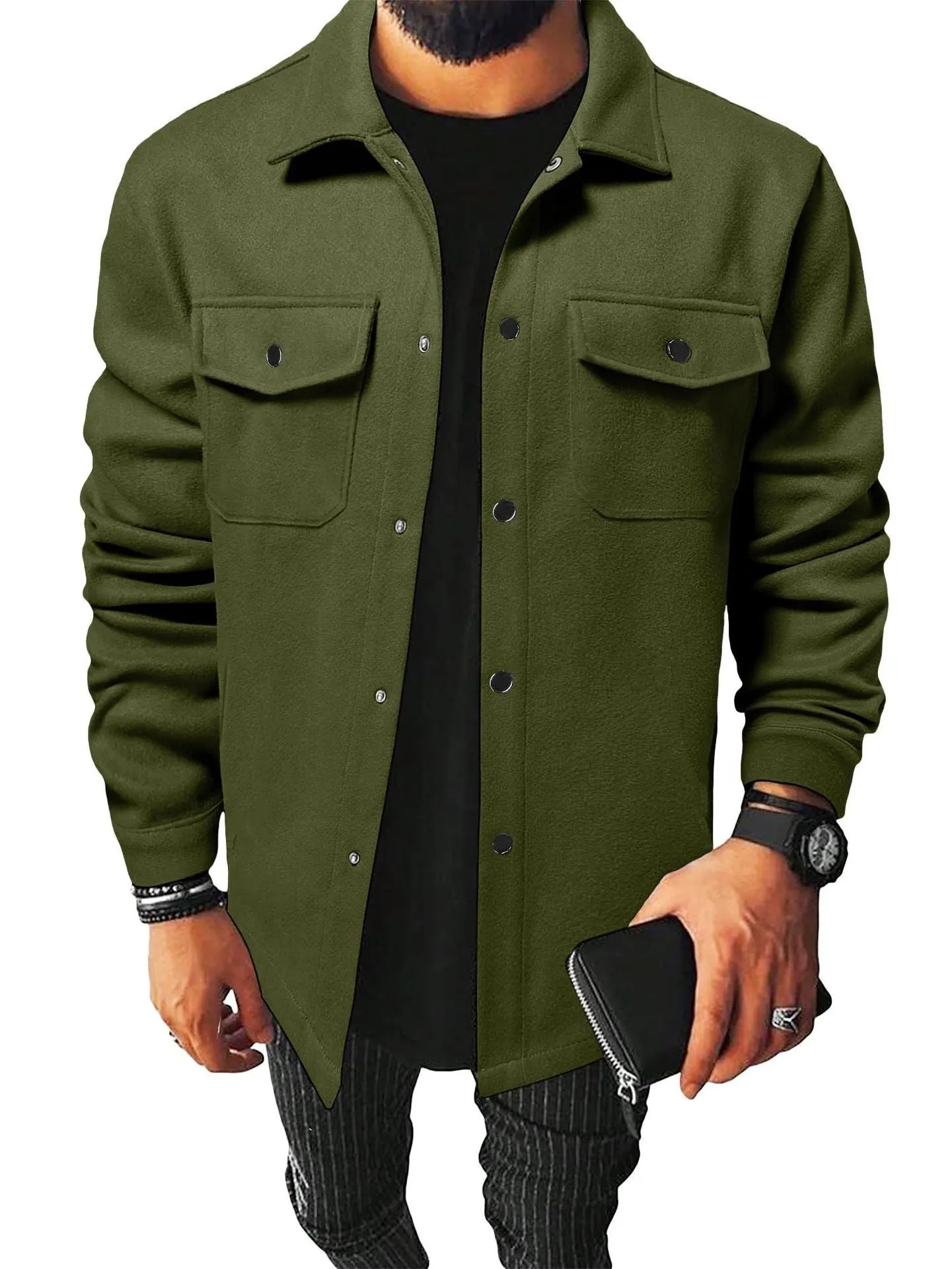 Men's brushed cotton blend cardigan shirt in solid colour, long sleeves, regular fit, available in black, khaki, army green, apricot, navy blue, light gray