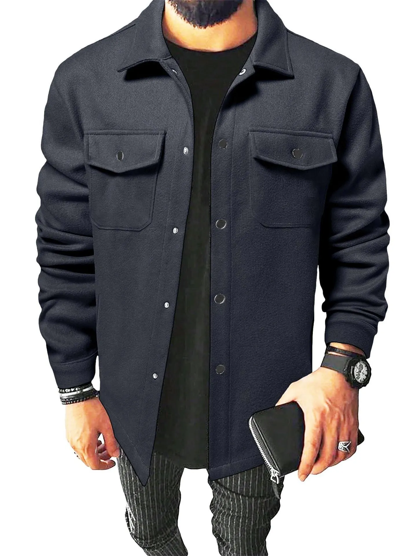Men's brushed cotton blend cardigan shirt in solid colour, long sleeves, regular fit, available in black, khaki, army green, apricot, navy blue, light gray