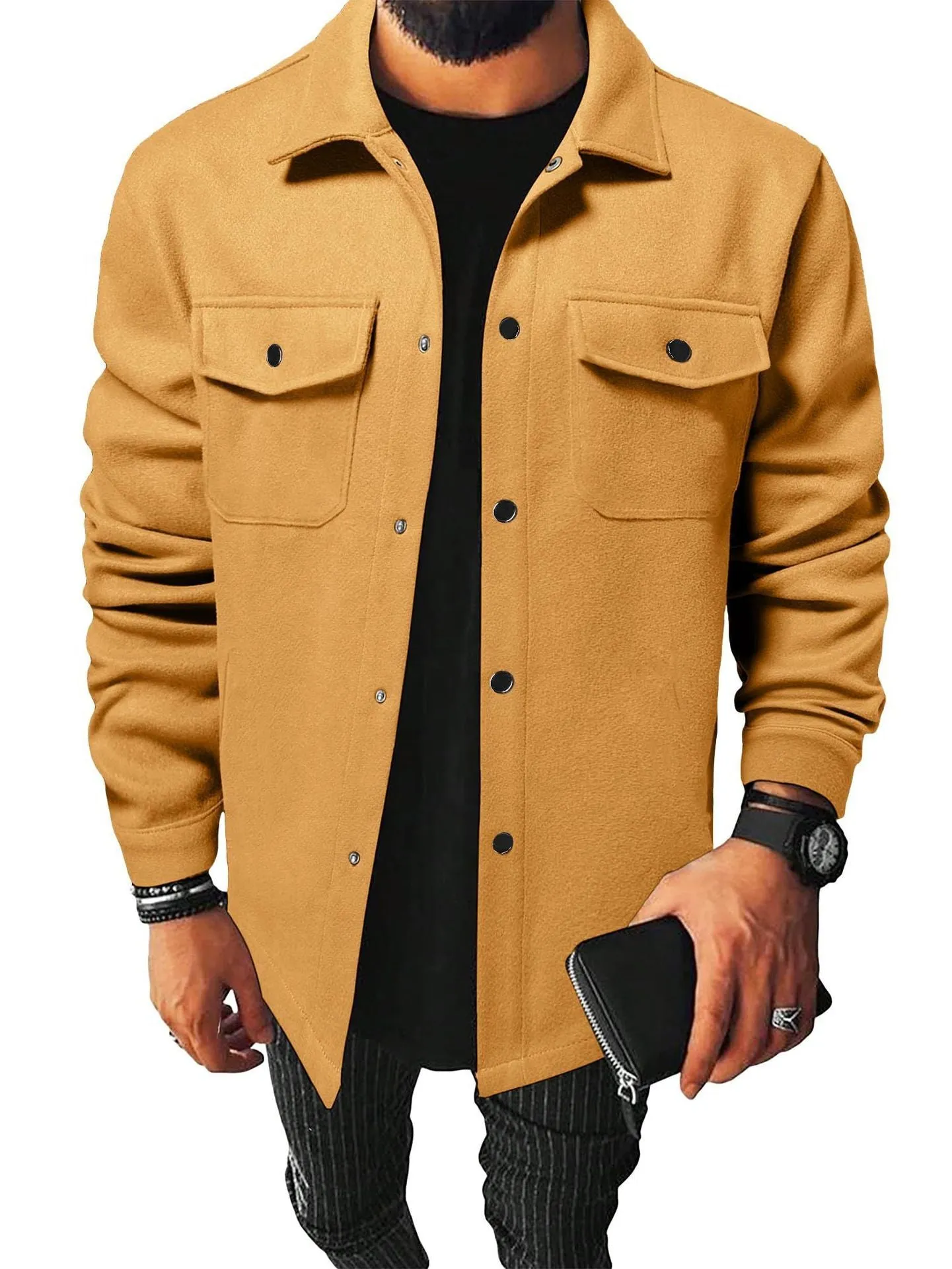 Men's brushed cotton blend cardigan shirt in solid colour, long sleeves, regular fit, available in black, khaki, army green, apricot, navy blue, light gray