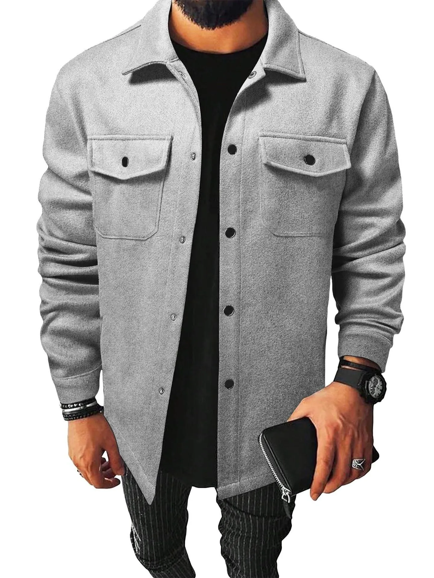 Men's brushed cotton blend cardigan shirt in solid colour, long sleeves, regular fit, available in black, khaki, army green, apricot, navy blue, light gray