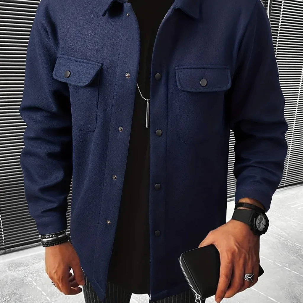 Men's brushed cotton blend cardigan shirt in solid colour, long sleeves, regular fit, available in black, khaki, army green, apricot, navy blue, light gray