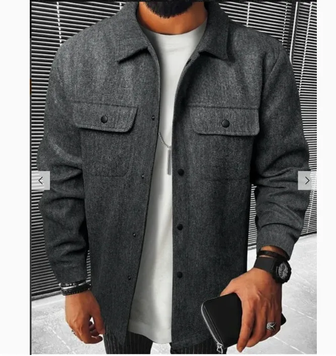 Men's brushed cotton blend cardigan shirt in solid colour, long sleeves, regular fit, available in black, khaki, army green, apricot, navy blue, light gray