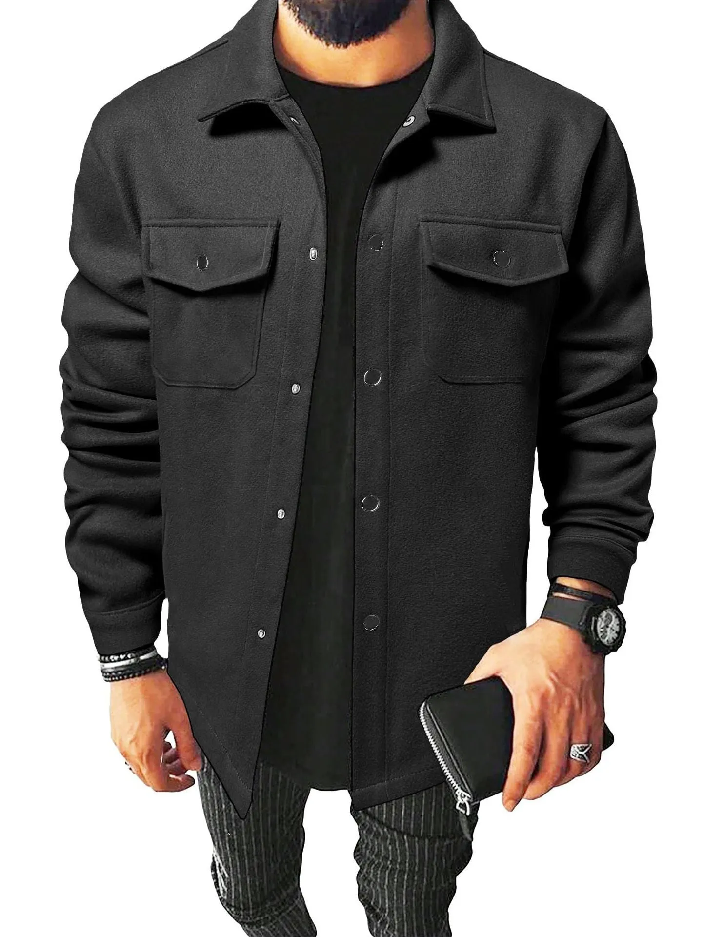 Men's brushed cotton blend cardigan shirt in solid colour, long sleeves, regular fit, available in black, khaki, army green, apricot, navy blue, light gray