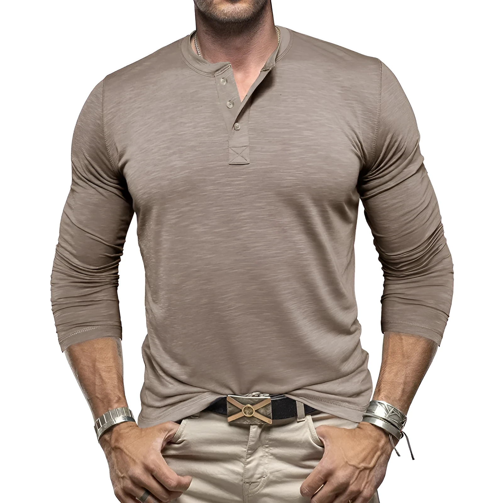 Men's long-sleeved Henry collar T-shirt in slub cotton blend, pullover style, available in eight colours and sizes S-XXL