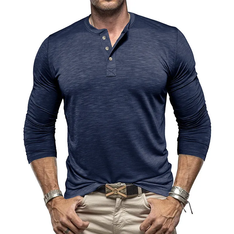 Men's long-sleeved Henry collar T-shirt in slub cotton blend, pullover style, available in eight colours and sizes S-XXL