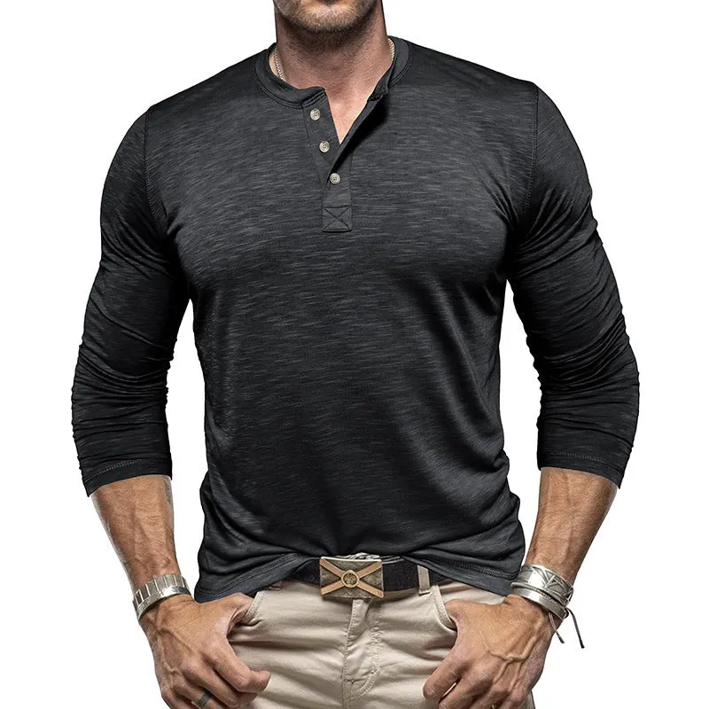 Men's long-sleeved Henry collar T-shirt in slub cotton blend, pullover style, available in eight colours and sizes S-XXL
