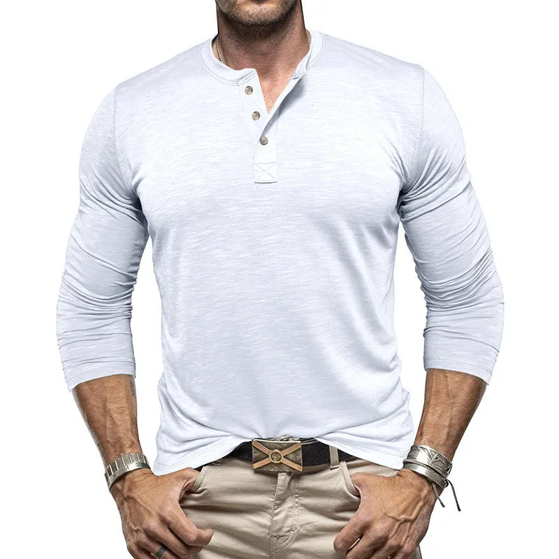 Men's long-sleeved Henry collar T-shirt in slub cotton blend, pullover style, available in eight colours and sizes S-XXL