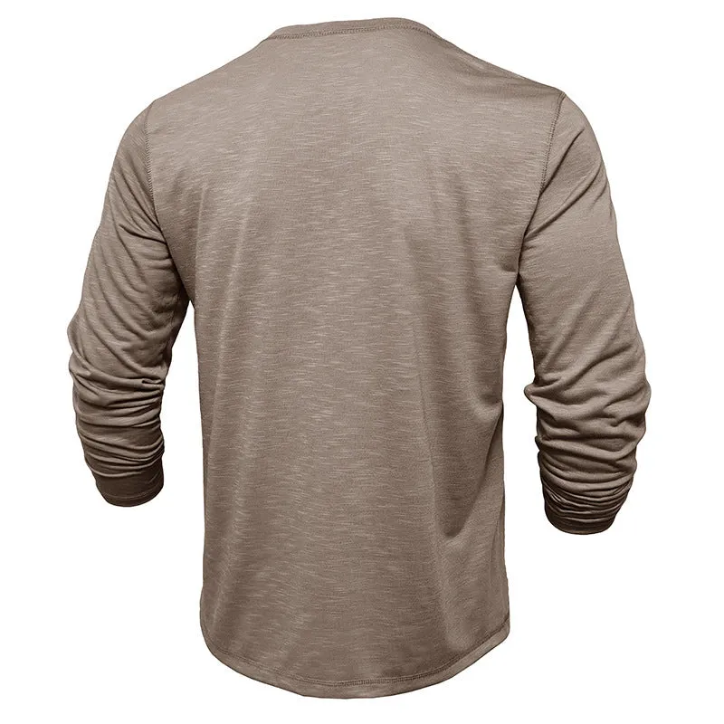 Men's long-sleeved Henry collar T-shirt in slub cotton blend, pullover style, available in eight colours and sizes S-XXL