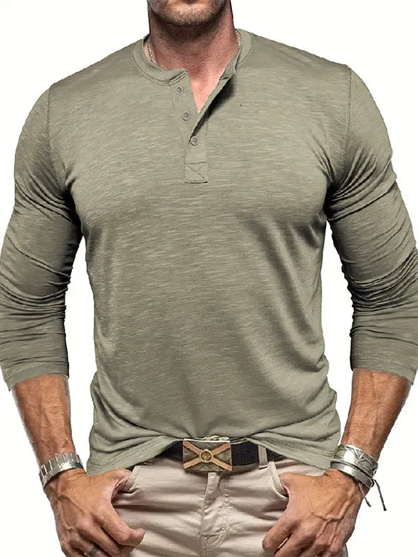 Men's long-sleeved Henry collar T-shirt in slub cotton blend, pullover style, available in eight colours and sizes S-XXL