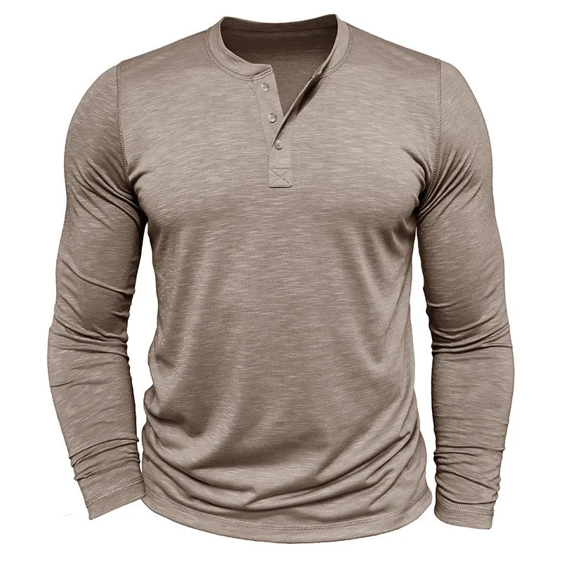 Men's long-sleeved Henry collar T-shirt in slub cotton blend, pullover style, available in eight colours and sizes S-XXL