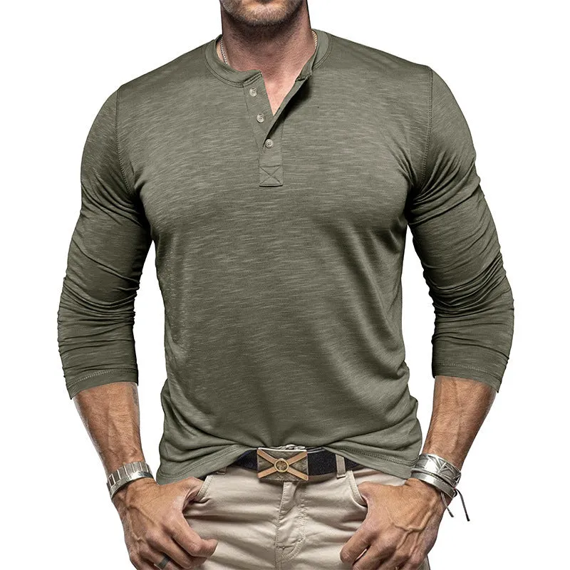 Men's long-sleeved Henry collar T-shirt in slub cotton blend, pullover style, available in eight colours and sizes S-XXL