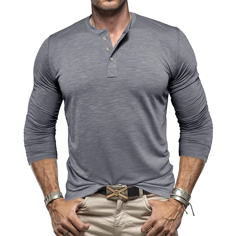 Men's long-sleeved Henry collar T-shirt in slub cotton blend, pullover style, available in eight colours and sizes S-XXL