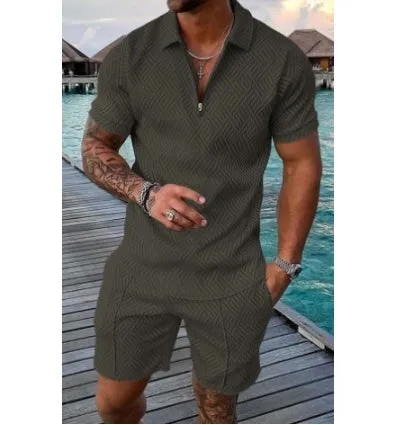 Men's summer casual suit with short sleeve polyester T-shirt and shorts in blue colour