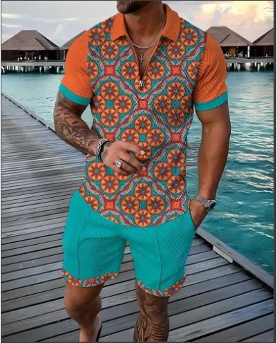 Men's summer casual suit with short sleeve polyester T-shirt and shorts in blue colour