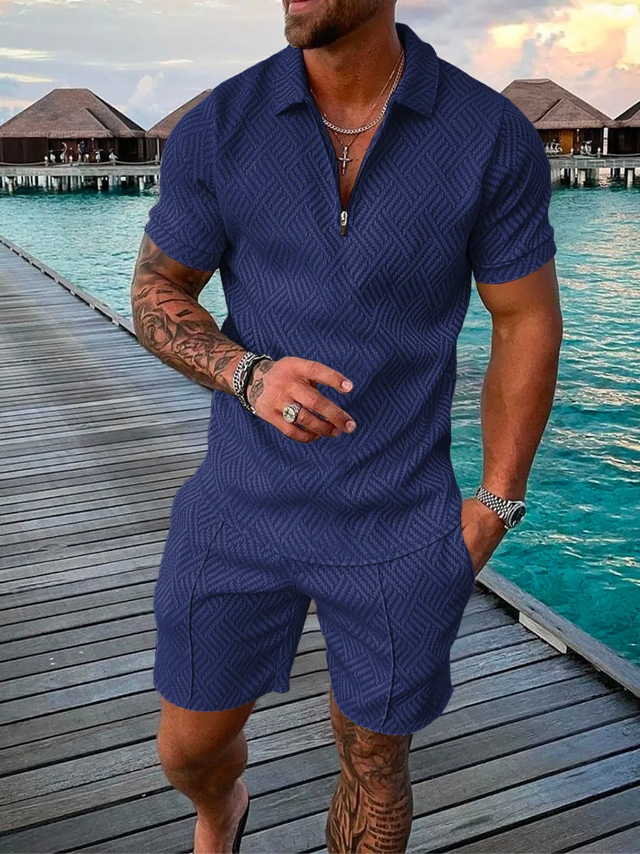 Men's summer casual suit with short sleeve polyester T-shirt and shorts in blue colour
