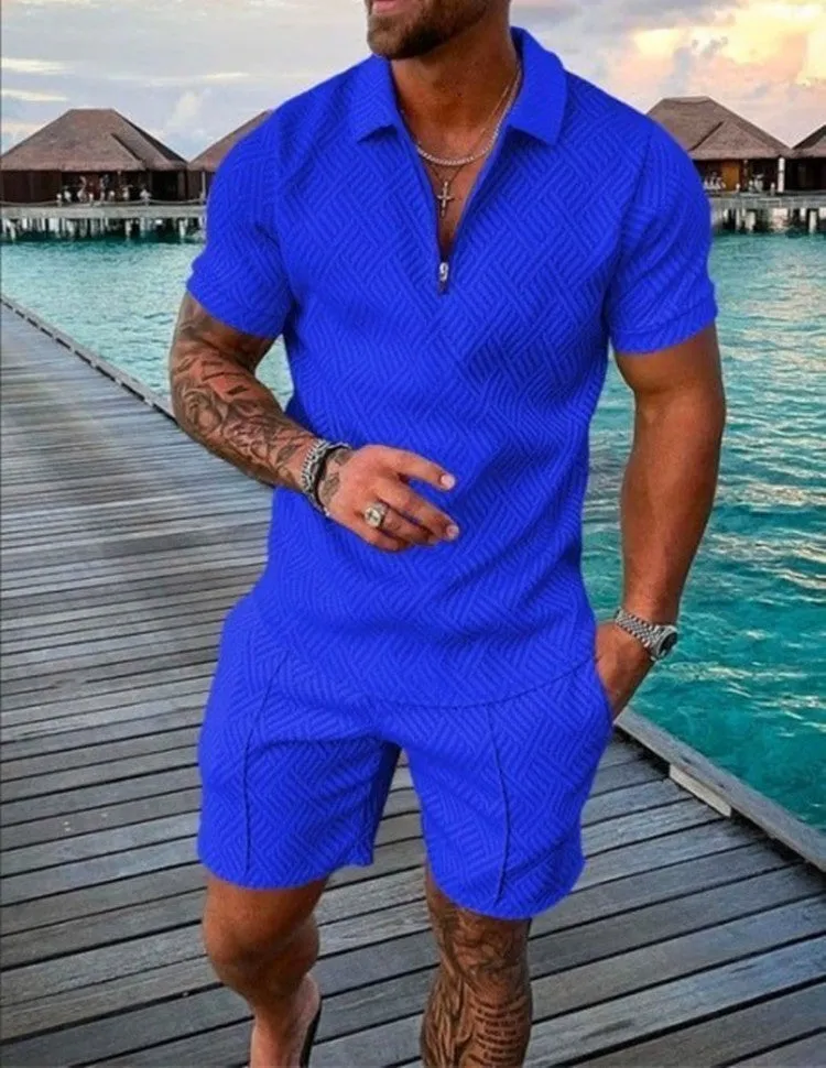 Men's summer casual suit with short sleeve polyester T-shirt and shorts in blue colour