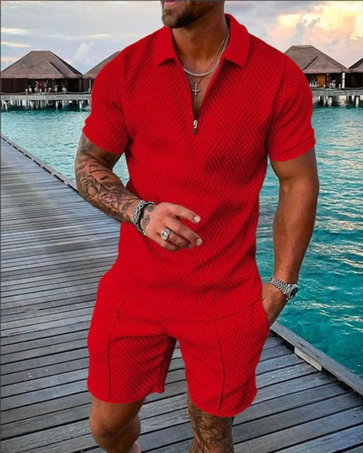 Men's summer casual suit with short sleeve polyester T-shirt and shorts in blue colour