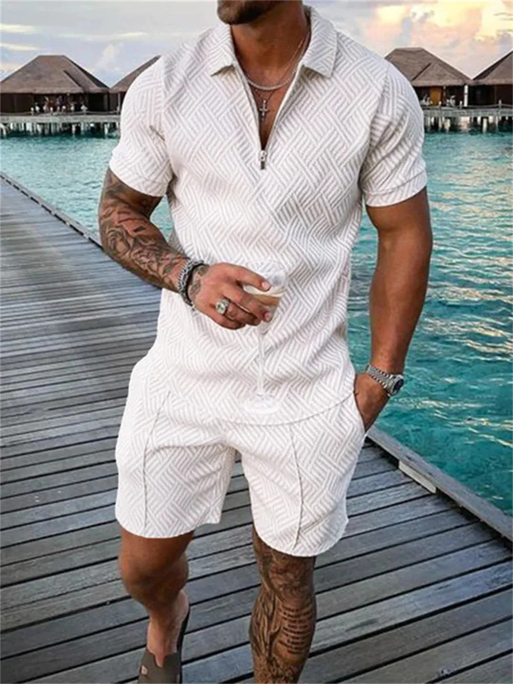 Men's summer casual suit with short sleeve polyester T-shirt and shorts in blue colour