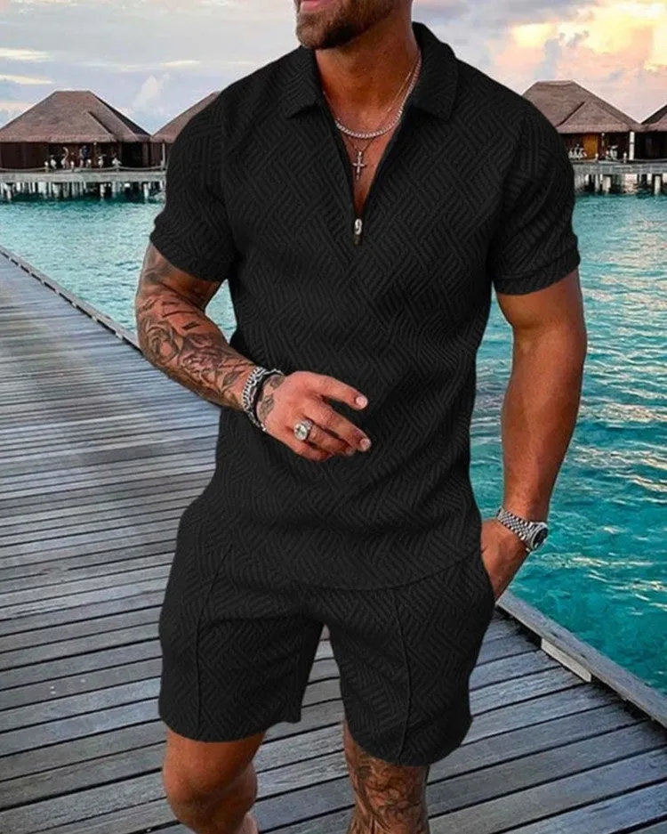 Men's summer casual suit with short sleeve polyester T-shirt and shorts in blue colour