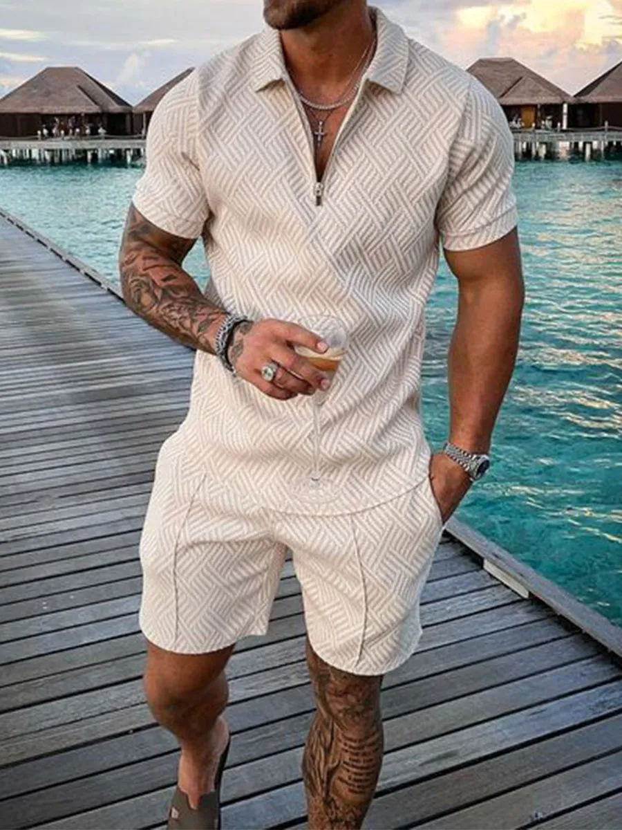 Men's summer casual suit with short sleeve polyester T-shirt and shorts in blue colour