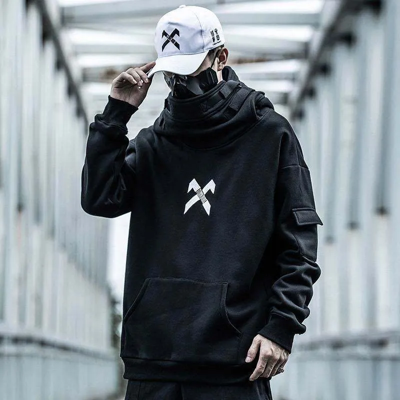 Women's high collar hooded sweater in cotton terry cloth, loose fit with drop sleeves, creative pattern