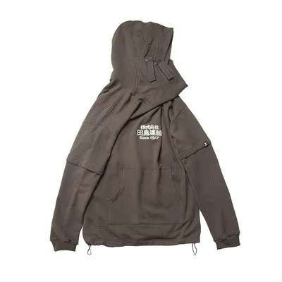 Women's high collar hooded sweater in cotton terry cloth, loose fit with drop sleeves, creative pattern