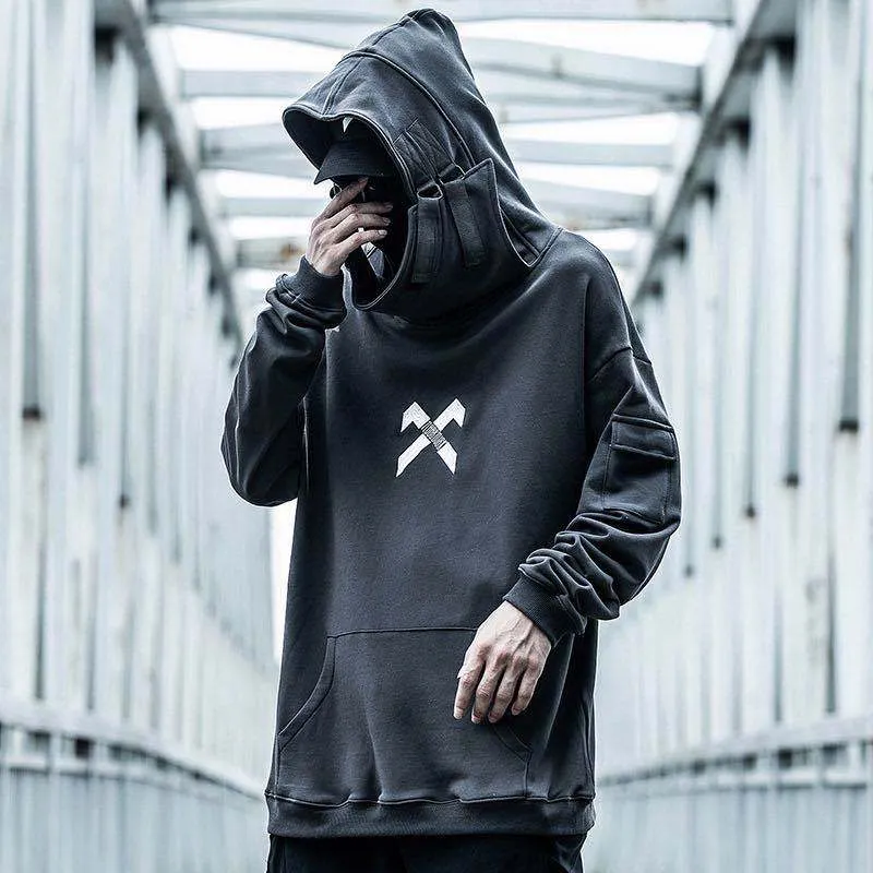 Women's high collar hooded sweater in cotton terry cloth, loose fit with drop sleeves, creative pattern