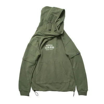 Women's high collar hooded sweater in cotton terry cloth, loose fit with drop sleeves, creative pattern