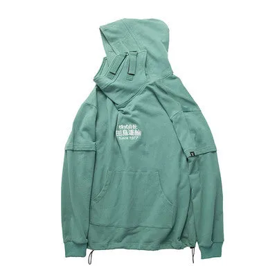 Women's high collar hooded sweater in cotton terry cloth, loose fit with drop sleeves, creative pattern