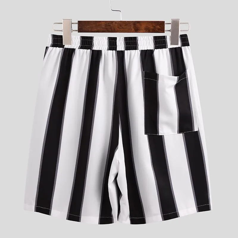 Men's summer striped beach pyjama set in black 100% polyester short-sleeved top and shorts
