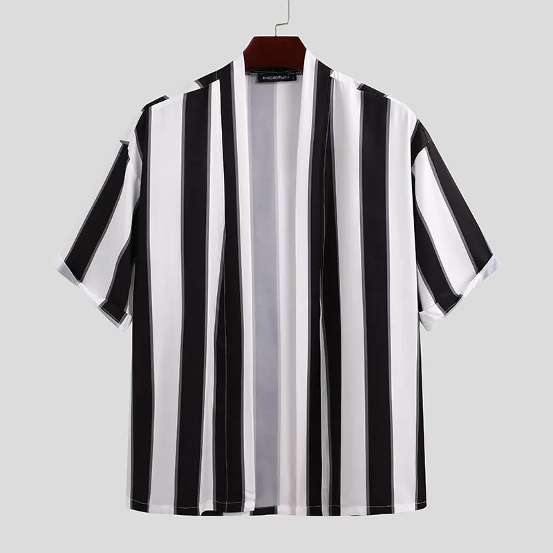 Men's summer striped beach pyjama set in black 100% polyester short-sleeved top and shorts