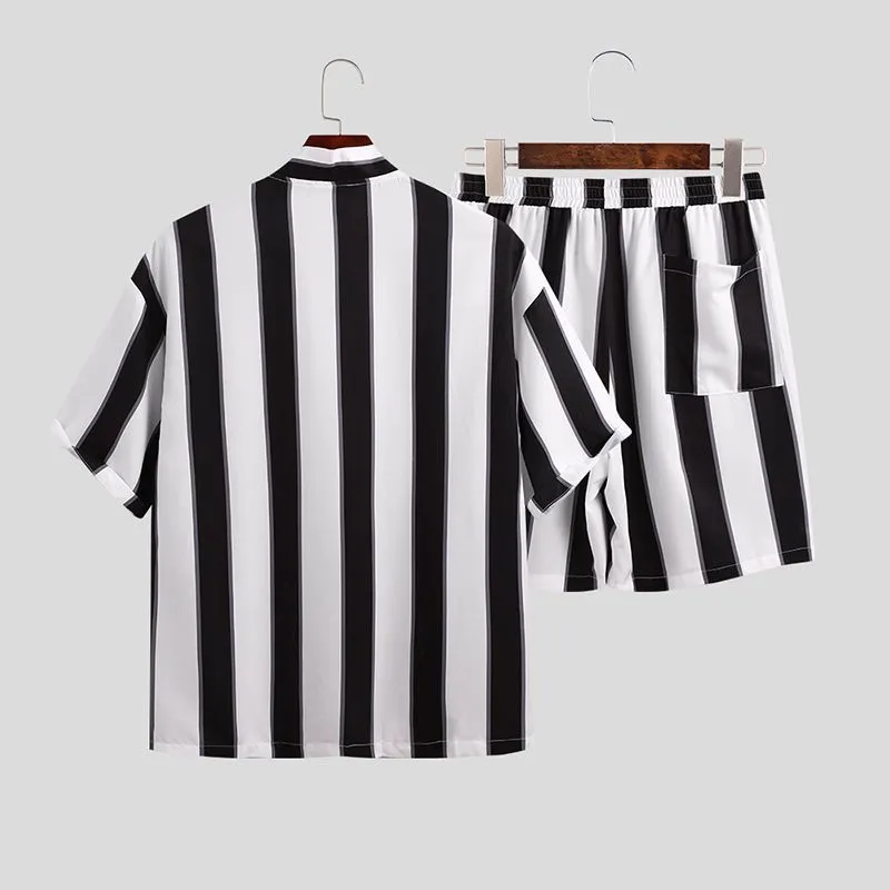 Men's summer striped beach pyjama set in black 100% polyester short-sleeved top and shorts