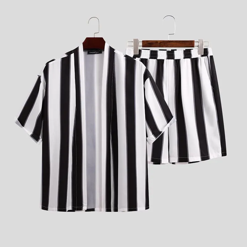 Men's summer striped beach pyjama set in black 100% polyester short-sleeved top and shorts