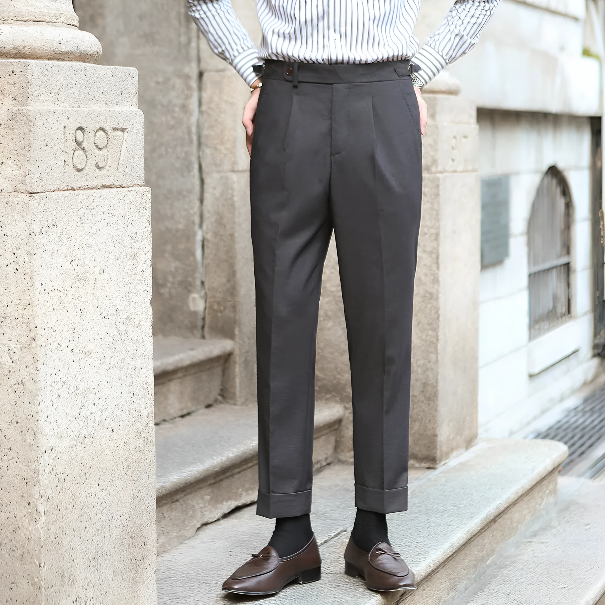 Men's retro straight-leg trousers in dark grey khaki with ironing finish