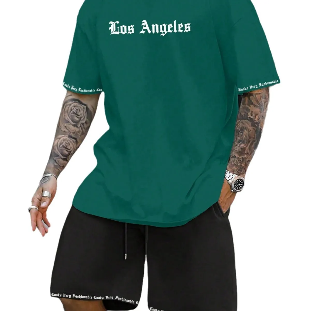 Men's blue sports style short-sleeved top and matching shorts two-piece casual suit set